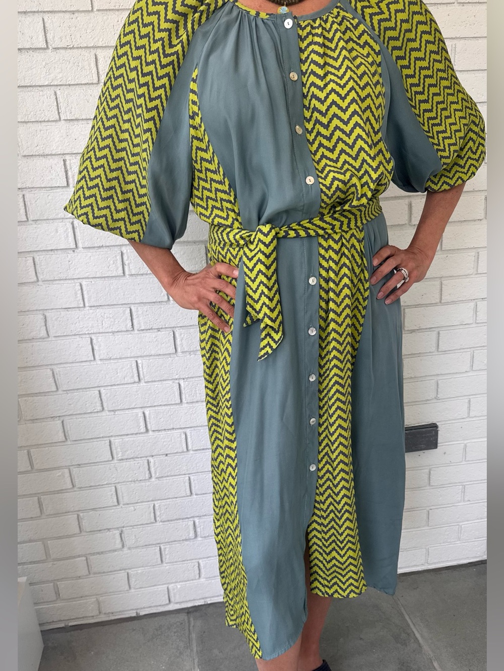 Natalie Martin 100%Silk Midi Dress – Teal, Green & Blue Chevron Print | Size Med